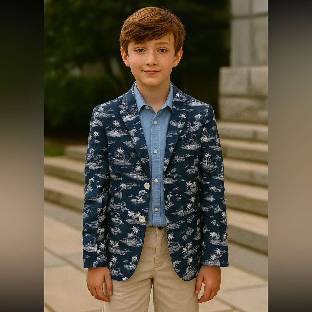 Ralph Lauren Boys’ Linen Blazer Blue 16R Tropical Palm Tree Dolphin‎ Print Lined